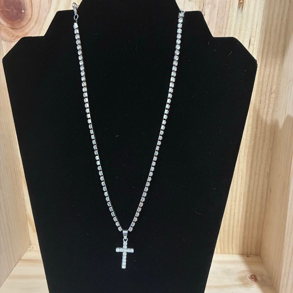 Rhinestone Cross Pendant Necklace Silver Tone Clear Bling Tennis Chain 15-19"